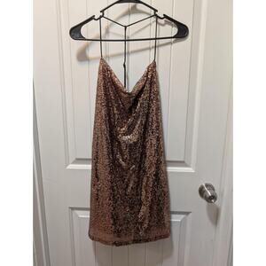 LUSH Rose Gold Sequin Bodycon Mini Dress Cocktail Party Club V Neck Size M